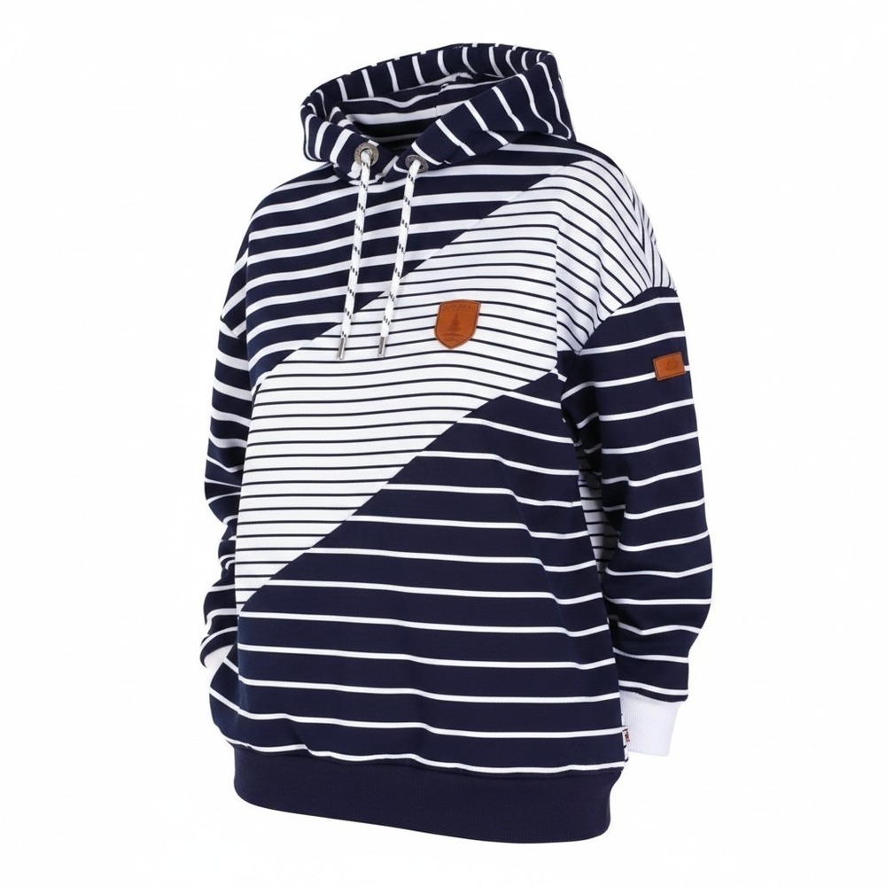 Wanakome Hoodie M Chase Navy White Mixed Stripe Leather Patch Nautical Preppy